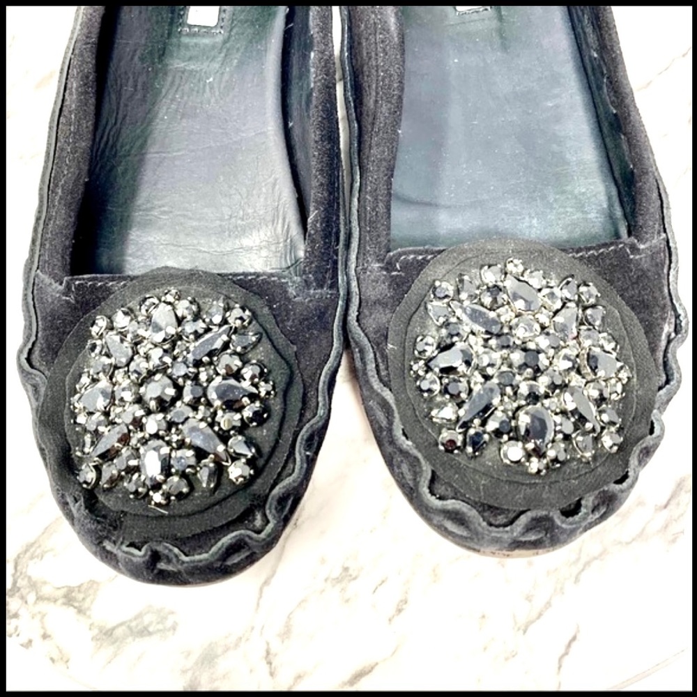 Vera Wang Lavender Label Embellished Black Suede Moccasin Flats 6.5 Edgy Casual - Picture 13 of 16
